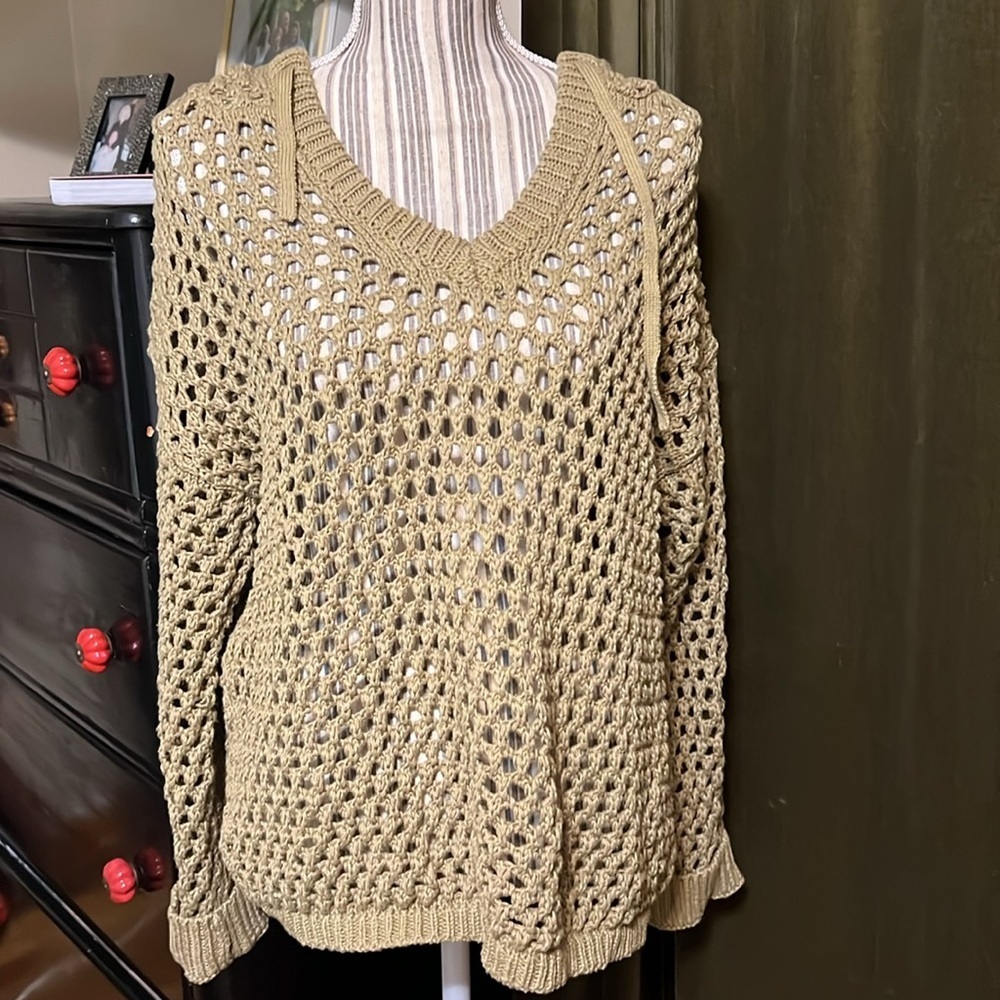 Olive Green Open Knit Cotton hoodie Sweater